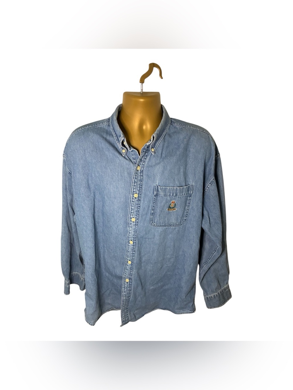 VTG 90s CHAPS Ralph Lauren Denim Shirt Button Down Embroidered Logo Light Blue L